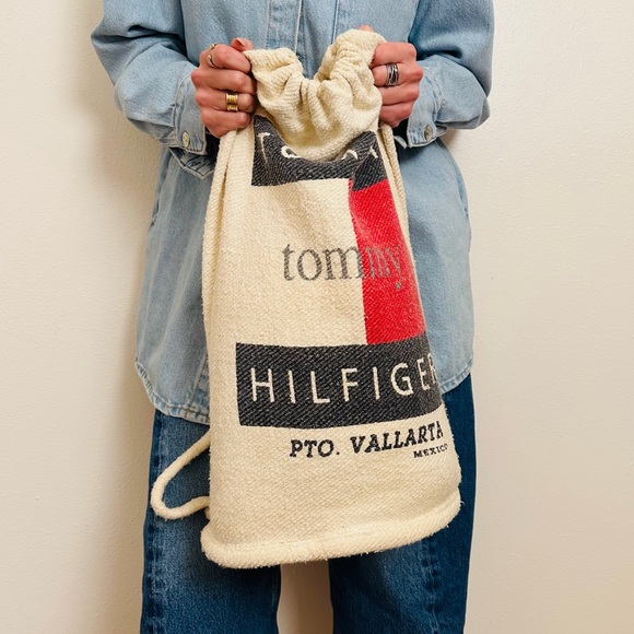 Vintage 90s Tommy Hilfiger Backpack Logo Pouch Beach Tote Bag Canvas